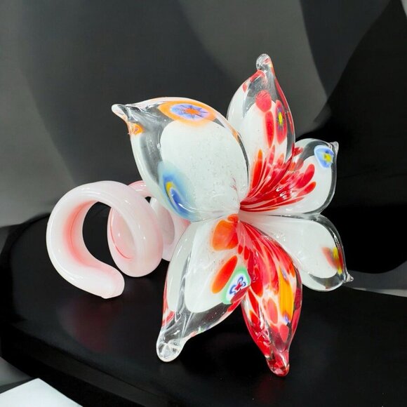 Glass Flower Other - Multicolor Art Glass Flower With Millefiori White Red Spots Glass Figure Decor